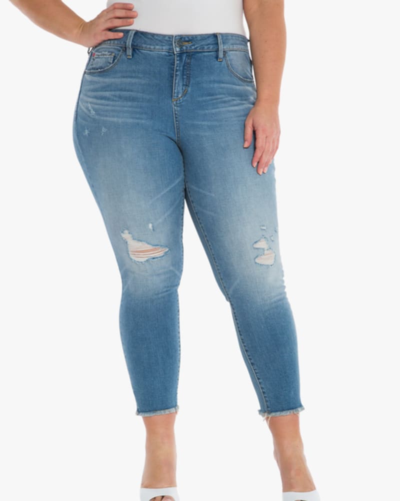 Front of a model wearing a size 14 Skylar Distressed Jean in CLAIRE by Slink Jeans. | dia_product_style_image_id:255950